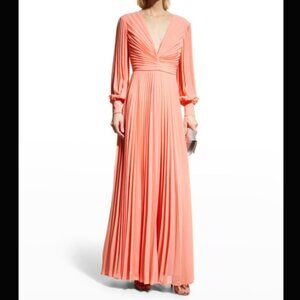 NWT Badgley Mischka Pleated Deep V-Neck Gown – Coral (Size 2)